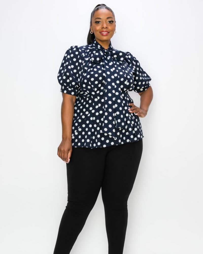 Plus size white blouse with black polka dots on sale